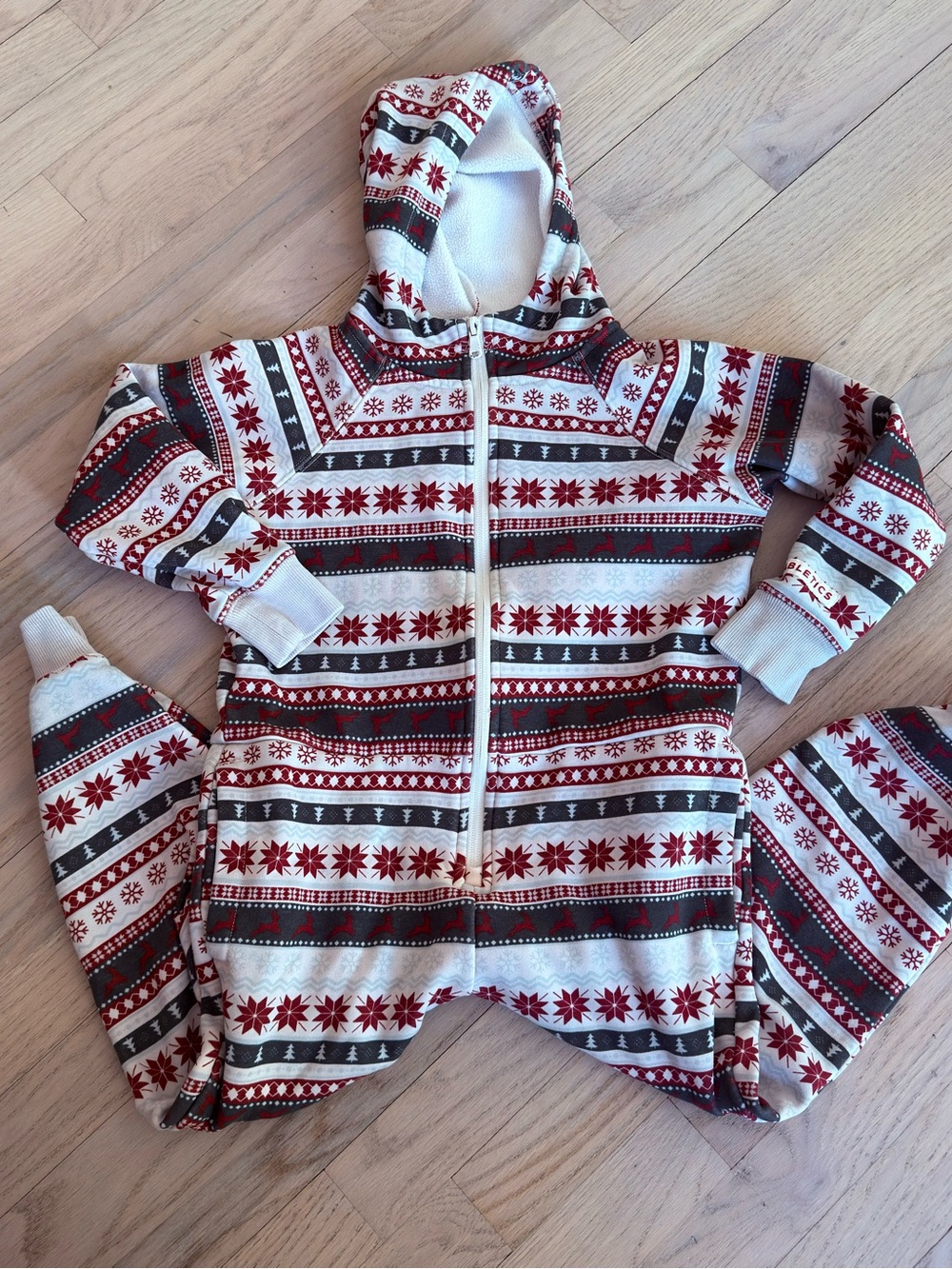 Fabletics Red, Gray & Cream Fair Isle Holiday Zip Jumpsuit S
